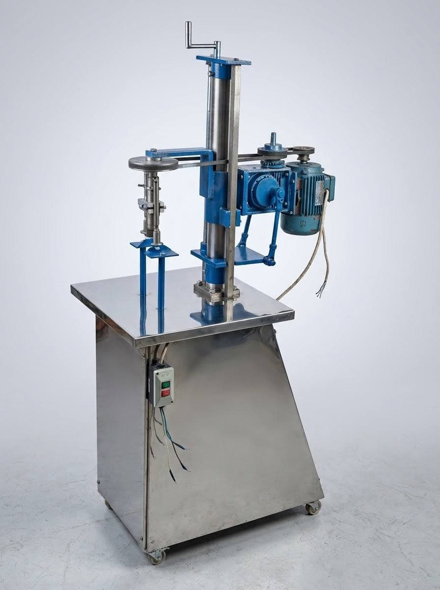Semi-automatic bottle capping machine, front three-quarter view