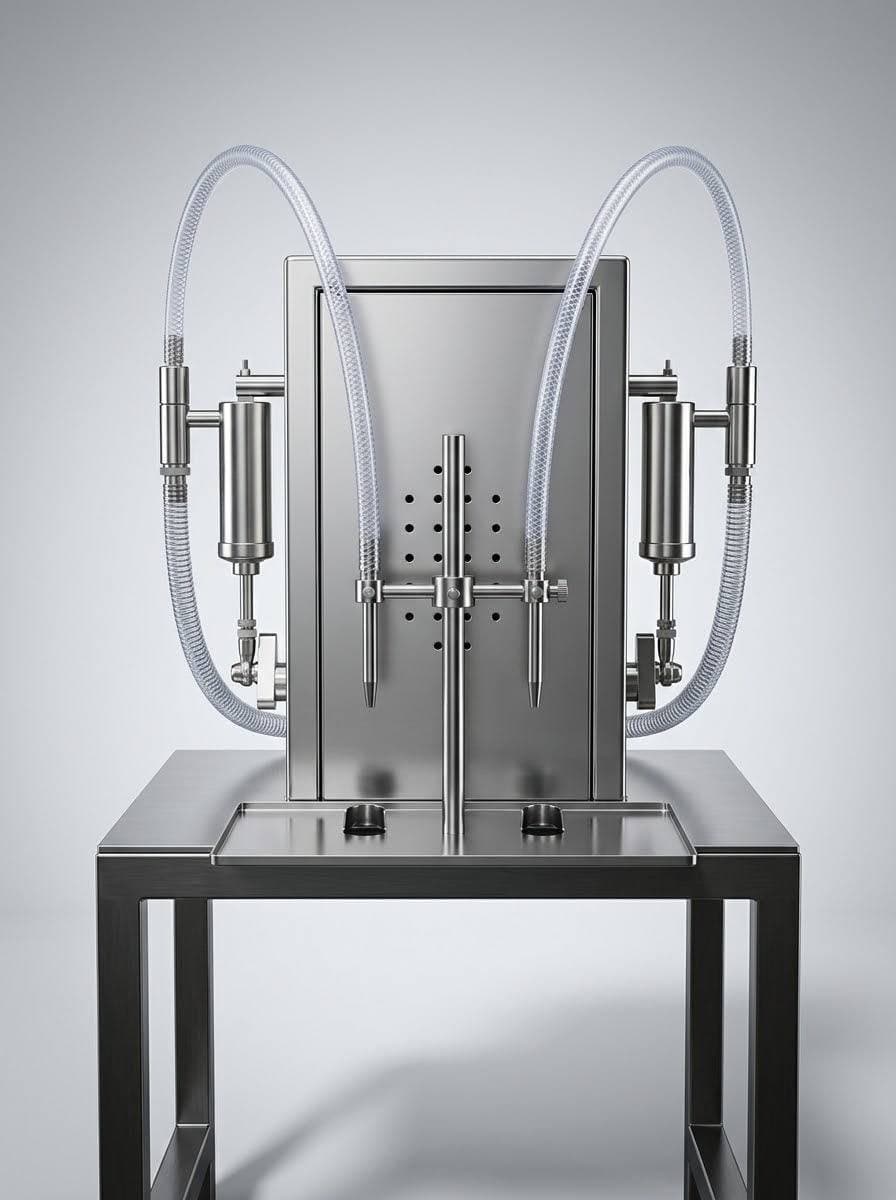Volumetric liquid filling machine, front view