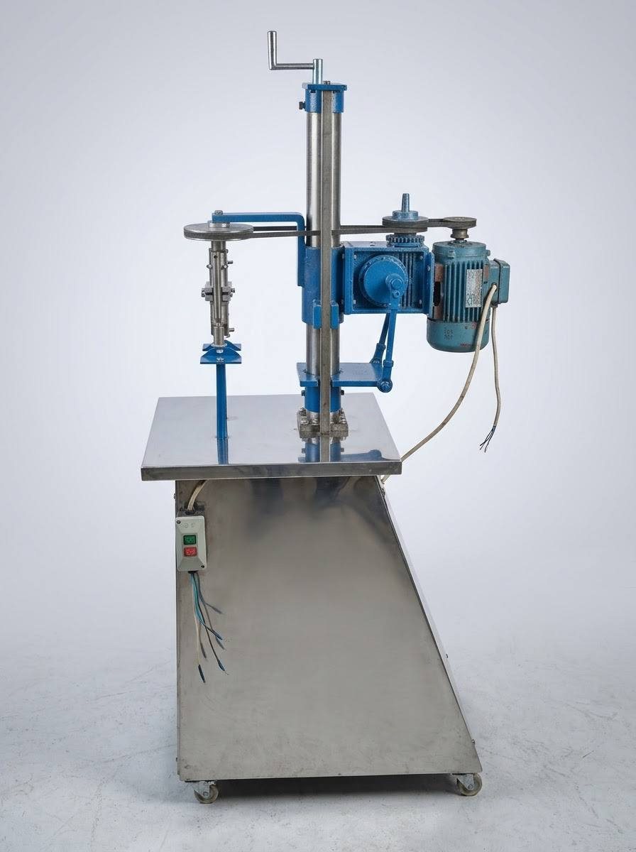 Semi-automatic bottle capping machine, side view