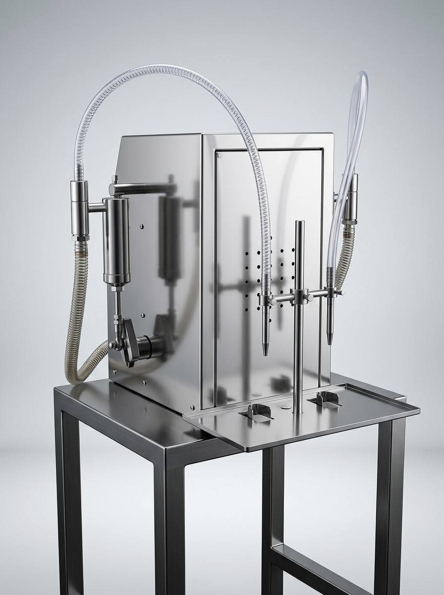 Volumetric liquid filling machine, angled view
